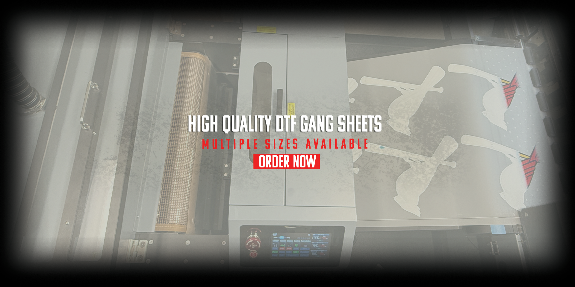 Advertisement for high-quality DTF gang sheets with text overlay on a blurred background.


